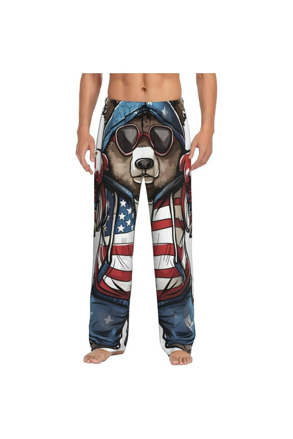 Patriotic Boxing Bear Art Mens Pajama Pants Sleep & Lounge Pants, PJ Pants-X-Large