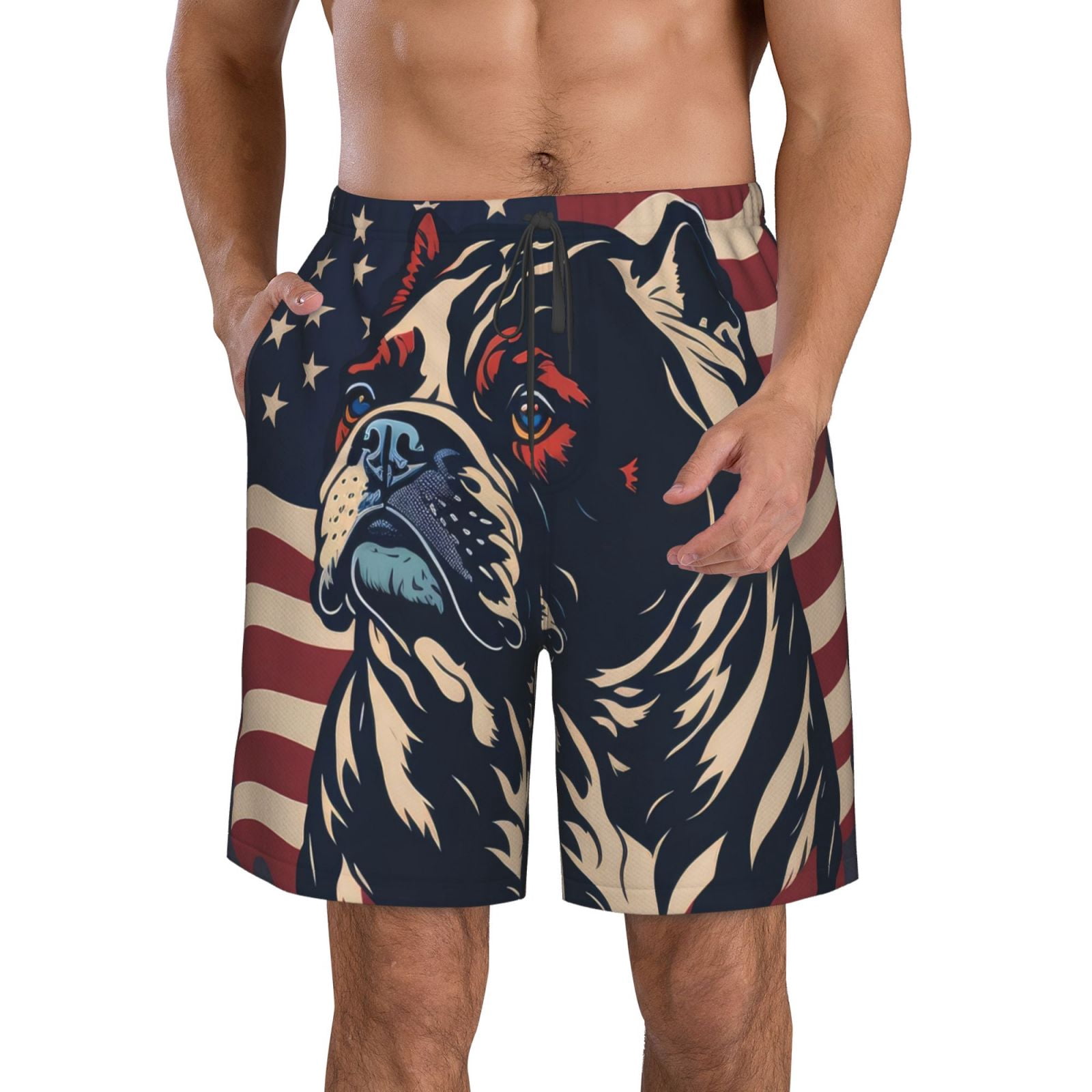 Vsdgher Patriotic Bulldog Art Men's Beach Shorts, Surfing shorts, Swim trunks, Quick Dry Swim Trunks for Surfing Beach Fun -Large