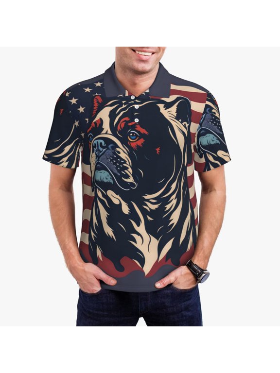 Patriotic Bulldog Art Polo Shirts for Men, Men's Short Sleeve Stretch Polo Shirt, Shirts for Men-Large