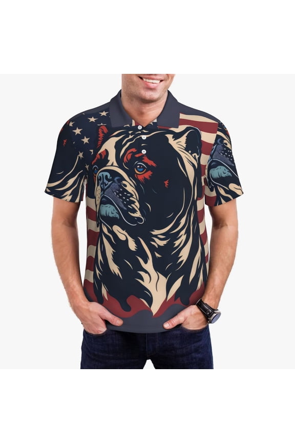 Patriotic Bulldog Art Polo Shirts for Men, Men's Short Sleeve Stretch Polo Shirt, Shirts for Men-Large