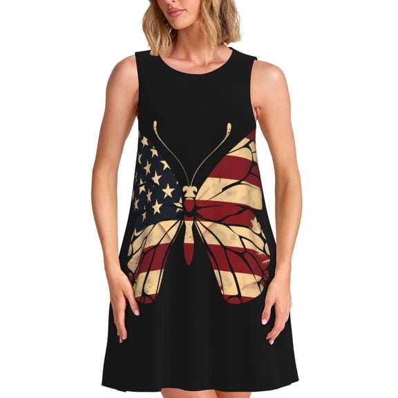 Vsdgher Patriotic USA Butterfly Art Print Summer Dresses for Women Casual U Neck Beach Dress Sleeveless Tank Loose Sundress with Pocket -X-Large