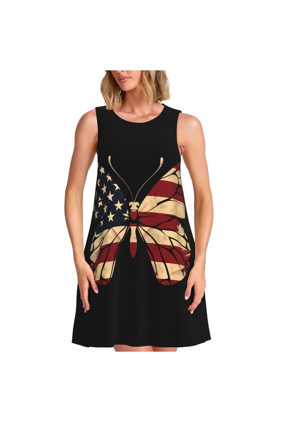 Patriotic USA Butterfly Art Print Summer Dresses for Women Casual U Neck Beach Dress Sleeveless Tank Loose Sundress with Pocket -X-Large