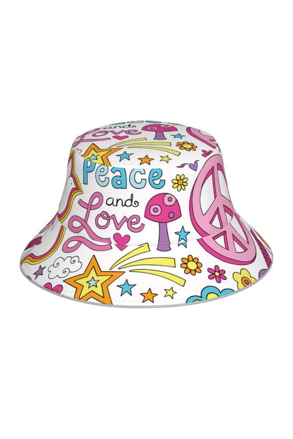 Peace Love and Dove Flower Power Print Bucket Hat for Men&Women Bucket Hat Reversible Summer Double-Side-Wear Travel Gardening, Beach, Camping, Hiking, Fishing Cap