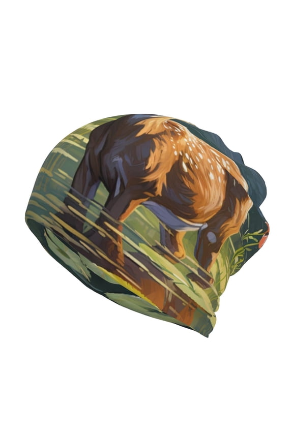 Peaceful Deer Lily Pond Slouchy Beanie Hat for Men/Women, Skull Cap Chemo Cap Night Sleeping Cap