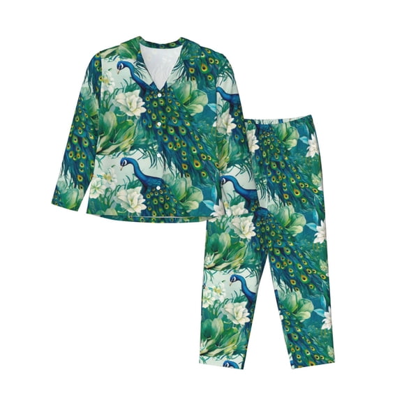 Vsdgher Peacock And Flowers Pajamas Set Long Sleeve Sleepwear Womens Button Down Nightwear Pj Sets-XX-Large