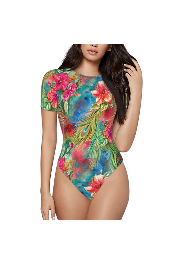 Peacock Feathers And Flowers Prinr Short Sleeve Body suit for Womens, Sexy Onesie One Piece Round Neck Bodysuit Shapewear Tummy Control-XX-Large