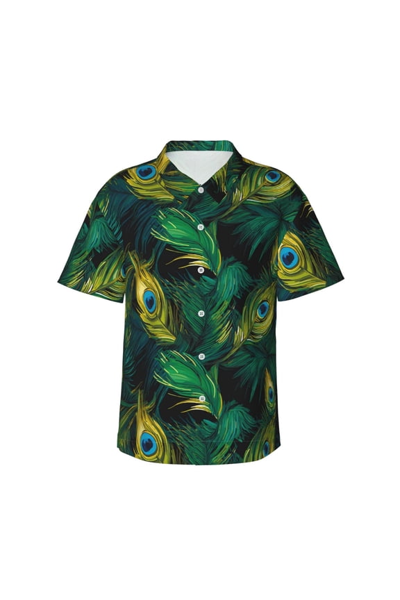 Peacock Feathers2 Print Men's Hawaiian Shirts Button Down Tropical Holiday Beach Shirts Vacation Clothes,3X-Large