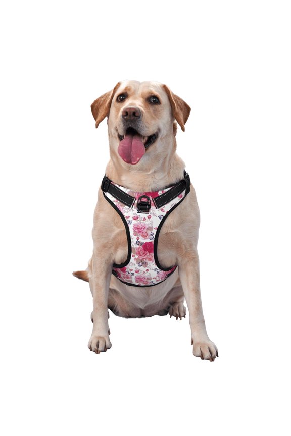 Peonies And Roses Pattern Dog Harness,No Pull Pet Harness with Soft Padded Handle,Adjustable Reflective Vest with 2 Buckles,4 Slide Buckles,S-XL Small