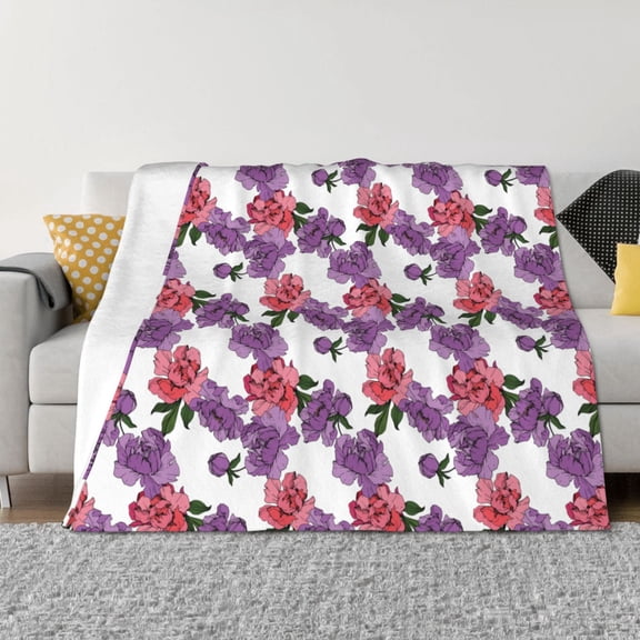 Vsdgher Peonies Pattern Fleece Throw Blanket, Horizontal Fleece Bedding Home Decor for Couch & Bed All Season Use -60"x50"