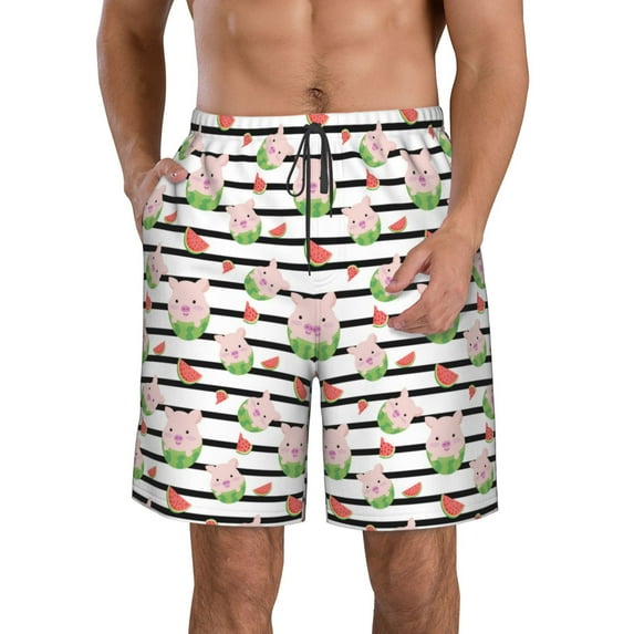 Vsdgher Pig And Watermelon Men's Beach Shorts, Surfing shorts, Swim trunks, Quick Dry Swim Trunks for Surfing Beach Fun -Large