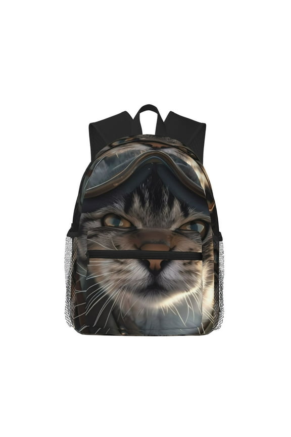 Pilot Cat In Vintage Plane Unisex Large Capacity Bookbag, Schoolbag, Casual Daypack for High School, College, Teens, Travel, Work
