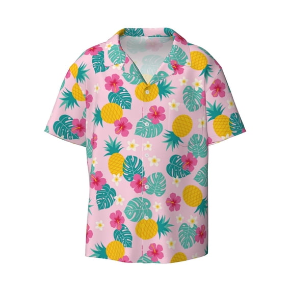 Vsdgher Pineapple And Leaves Print Men's Wrinkle Free Untucked Cuban Shirt Business Casual Button Down Shirts Short Sleeve Shirt