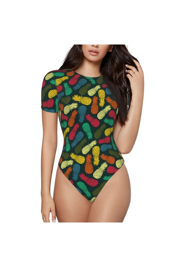 Pineapple Fruit Colorful Prinr Short Sleeve Body suit for Womens, Sexy Onesie One Piece Round Neck Bodysuit Shapewear Tummy Control-XX-Large
