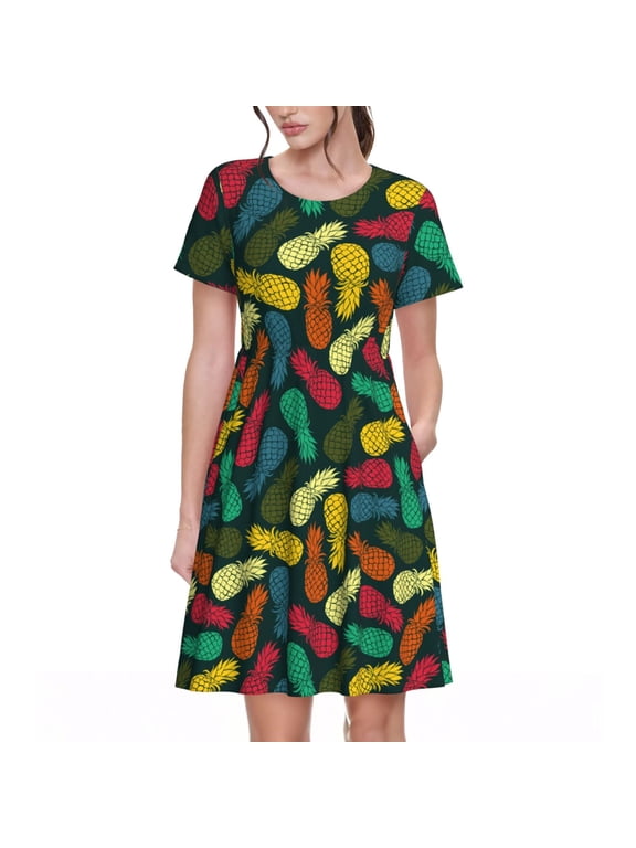 Pineapple Fruit Colorful for Womens Summer 2025 Casual Midi Maxi Dresses Lightweight Short Sleeve Round Neck Beach Dress -Large