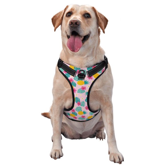 Vsdgher Pineapple And Leaves Pattern Dog Harness,No Pull Pet Harness with Soft Padded Handle,Adjustable Reflective Vest with 2 Buckles,4 Slide Buckles,S-XL Large