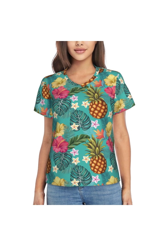 Pineapple Women Shirts V Neck Short Sleeve Tops T-Shirt Basic Tees, S to 3XLLarge