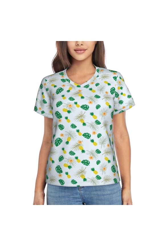 Pineapple Women Shirts V Neck Short Sleeve Tops T-Shirt Basic Tees, S to 3XLLarge