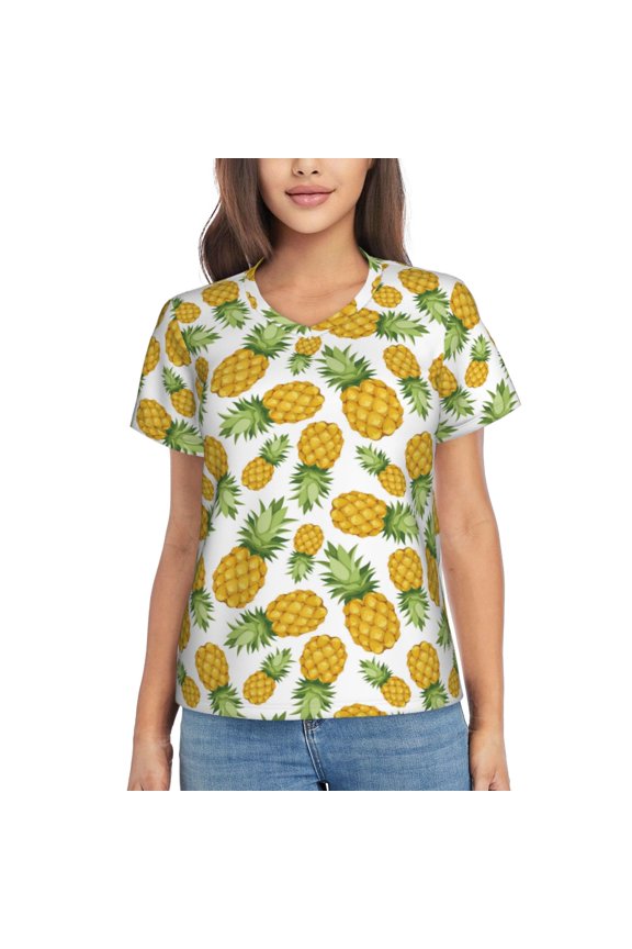 Pineapple Women Shirts V Neck Short Sleeve Tops T-Shirt Basic Tees, S to 3XLSmall