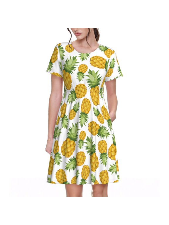 Pineapple for Womens Summer 2025 Casual Midi Maxi Dresses Lightweight Short Sleeve Round Neck Beach Dress -Large