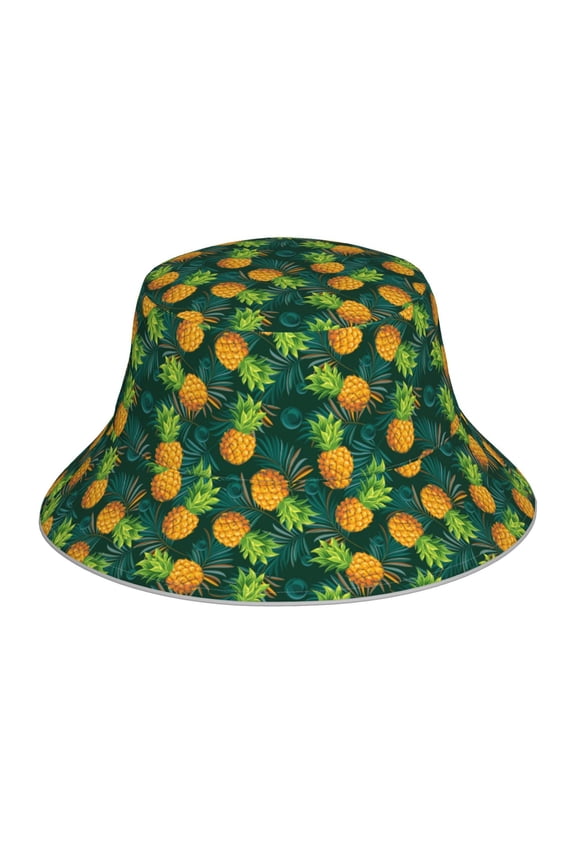 Pineapples with Palm Leaves Print Bucket Hat for Men&Women Bucket Hat Reversible Summer Double-Side-Wear Travel Gardening, Beach, Camping, Hiking, Fishing Cap