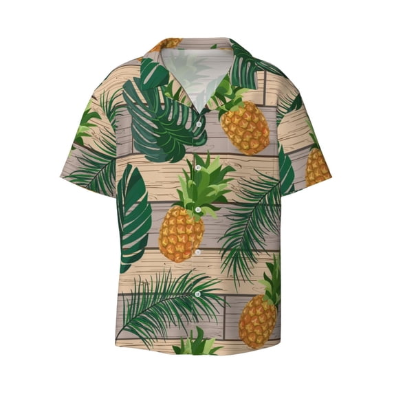 Vsdgher Pineapples Palm Leaves Print Men's Wrinkle Free Untucked Cuban Shirt Business Casual Button Down Shirts Short Sleeve Shirt