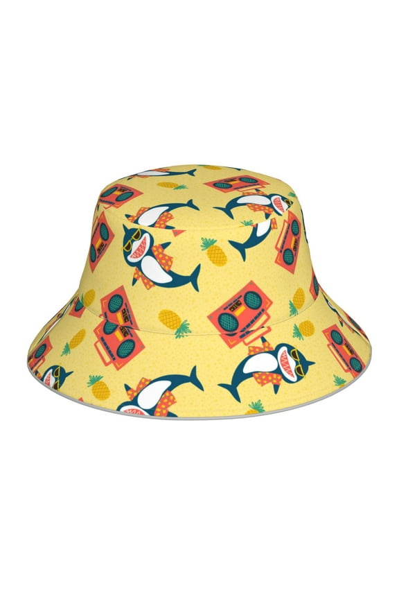 Pineapples Sharks In Hawaiian Print Bucket Hat for Men&Women Bucket Hat Reversible Summer Double-Side-Wear Travel Gardening, Beach, Camping, Hiking, Fishing Cap