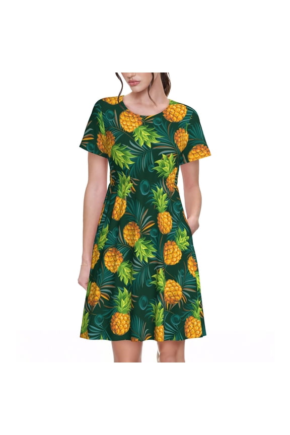 Pineapples with Palm Leaves for Womens Summer 2025 Casual Midi Maxi Dresses Lightweight Short Sleeve Round Neck Beach Dress -XX-Large