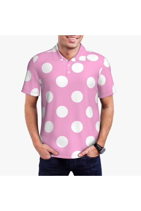 Pink And White Polka Dot Polo Shirts for Men, Men's Short Sleeve Stretch Polo Shirt, Shirts for Men-