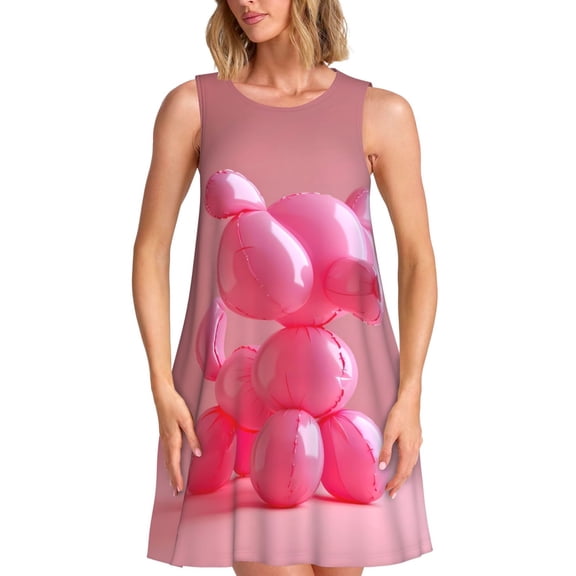 Vsdgher Pink Balloon Puppy Art Print Summer Dresses for Women Casual U Neck Beach Dress Sleeveless Tank Loose Sundress with Pocket -3X-Large