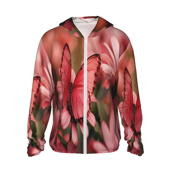 Vsdgher Pink Butterfly Print Adult Hoodie Shirts Rash Guard for Men Women,Long Sleeve Sun Protection Fishing Shirts for Athletic Running Swim-Large