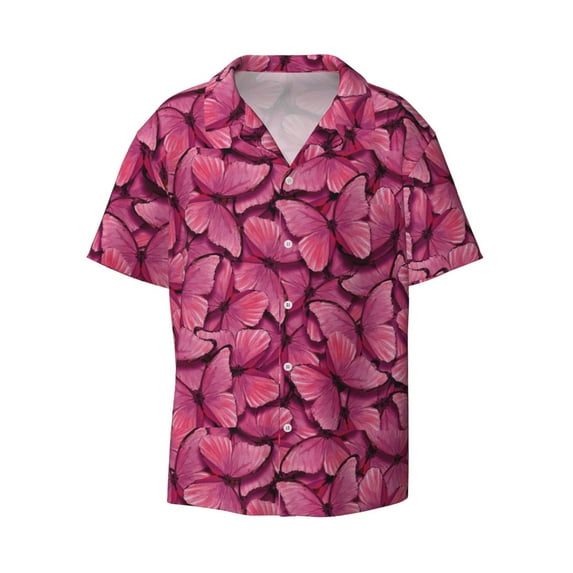 Vsdgher Pink Butterfly Print Men's Wrinkle Free Untucked Cuban Shirt Business Casual Button Down Shirts Short Sleeve Shirt