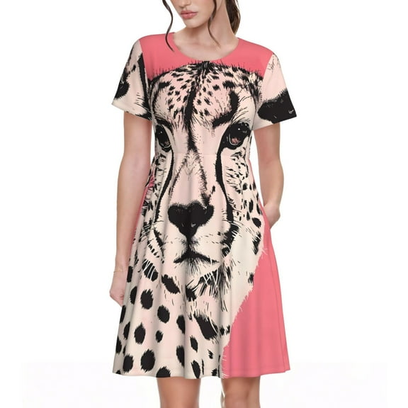 Vsdgher Pink Cheetah Art for Womens Summer 2025 Casual Midi Maxi Dresses Lightweight Short Sleeve Round Neck Beach Dress -Medium