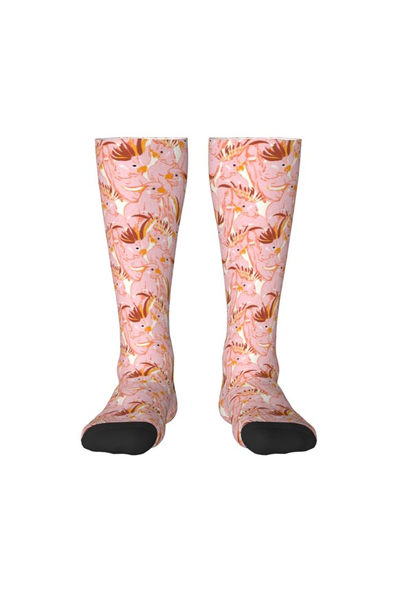 Pink Cockatoo Birds Knee Socks, High Socks Long Stretchy Sock Women Knee High Stocking, Long Socks for Women