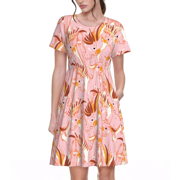 Vsdgher Pink Cockatoo Birds for Womens Summer 2025 Casual Midi Maxi Dresses Lightweight Short Sleeve Round Neck Beach Dress -XX-Large
