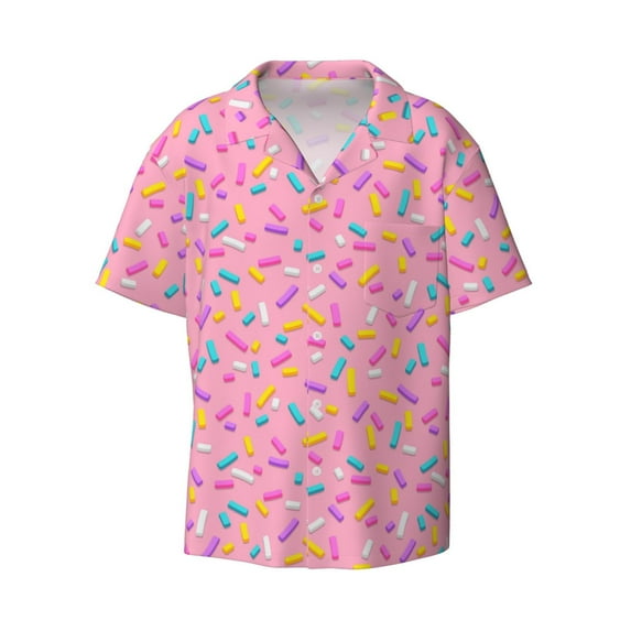 Vsdgher Pink Donut Print Men's Wrinkle Free Untucked Cuban Shirt Business Casual Button Down Shirts Short Sleeve Shirt