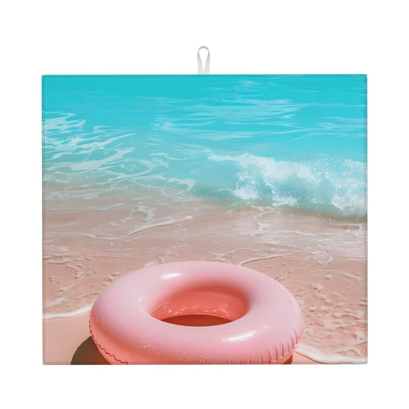 Vsdgher Pink Float Ring On Beach Print Dish Drying Mat, Kitchen Counter Mat, Dish Drying Pad for Dishes, Utensils, Pots and Pans,16" x 18"