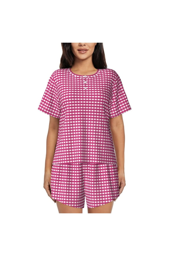Pink Gingham Pattern Womens Pajamas 2 Piece Short Sleeve Sleepwear Set,Summer Soft Pajamas Set Casual Lounge Sets, 2-Piece Pj -3X-Large