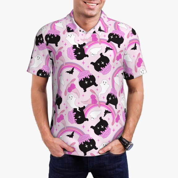 Vsdgher Pink Girl Halloween Polo Shirts for Men, Men's Short Sleeve Stretch Polo Shirt, Shirts for Men-Large