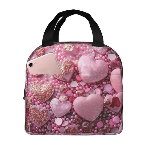 Vsdgher Pink Glitter Heart Candy Lunch Bag, Lunch Box for Women Adult Men, Lunch Tote Insulated Cooler Lunch Container for Work/Office/Picnic/Travel
