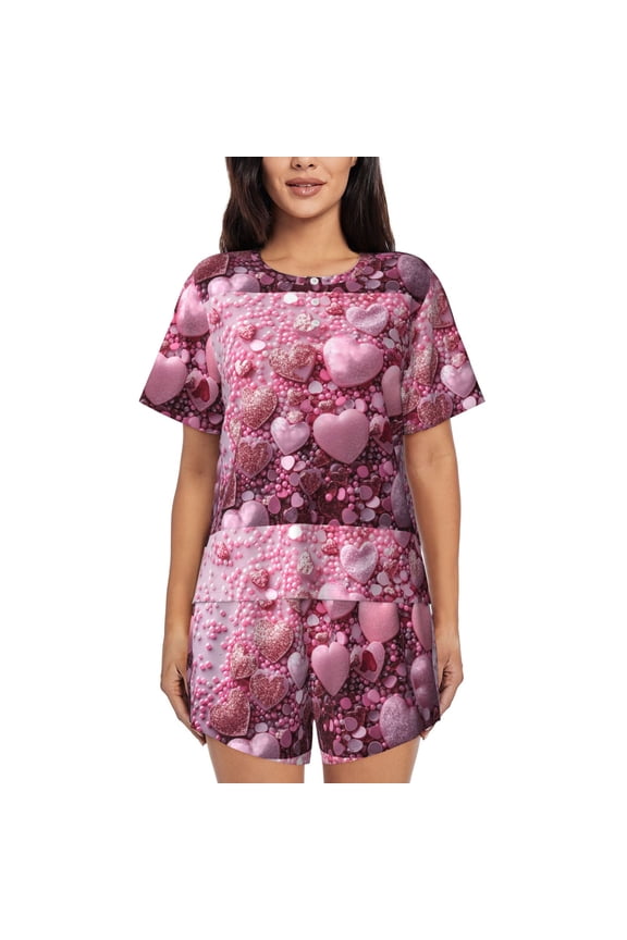 Pink Glitter Heart Candy Pattern Womens Pajamas 2 Piece Short Sleeve Sleepwear Set,Summer Soft Pajamas Set Casual Lounge Sets, 2-Piece Pj -X-Large