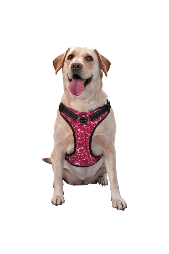 Pink Glitter Pattern Dog Harness,No Pull Pet Harness with Soft Padded Handle,Adjustable Reflective Vest with 2 Buckles,4 Slide Buckles,S-XL Large