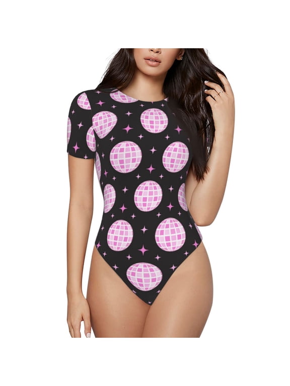 Pink Groovy Disco Ball Prinr Short Sleeve Body suit for Womens, Sexy Onesie One Piece Round Neck Bodysuit Shapewear Tummy Control-Medium