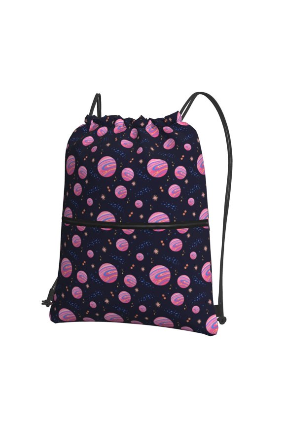 Pink Planets And Stars Drawstring Backpack Water Resistant String Bag Sports Sackpack Gym Sack for Men Women