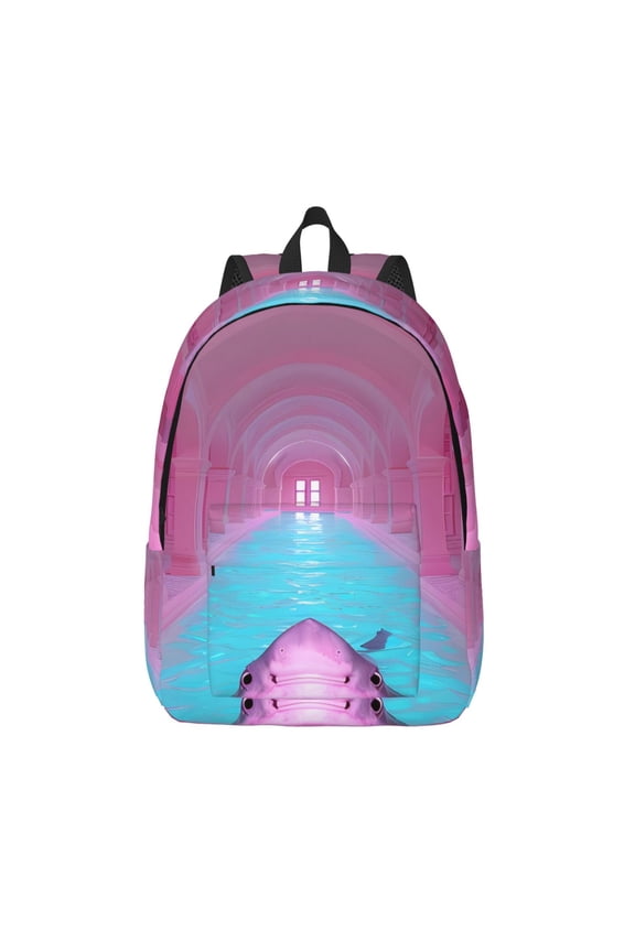 Pink Shark Pool Fantasy Print Canvas Backpack Travel Rucksack Unisex Knapsack 15.7/17.7Inch Laptop Backpack for Work,College -Medium