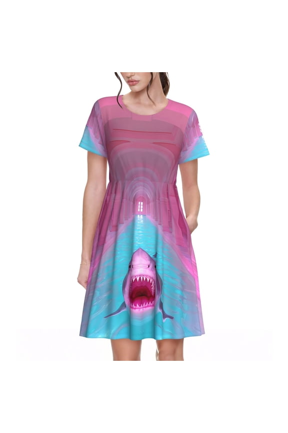 Pink Shark Pool Fantasy for Womens Summer 2025 Casual Midi Maxi Dresses Lightweight Short Sleeve Round Neck Beach Dress -3X-Large