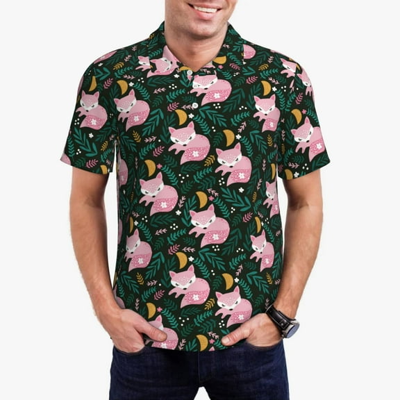 Vsdgher Pink Sleeping Fox Polo Shirts for Men, Men's Short Sleeve Stretch Polo Shirt, Shirts for Men-4X-Large