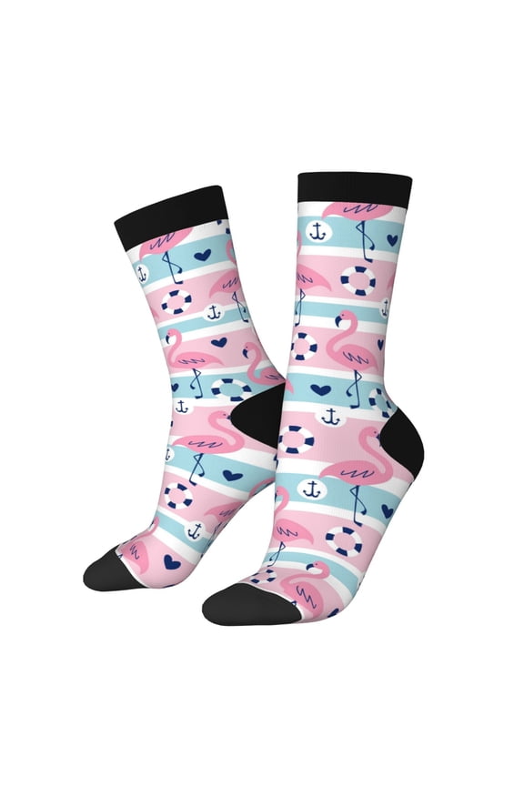 Pink Striped Flamingo Crew Socks for Men & Women, Breathable Casual Athletic Ankle Socks