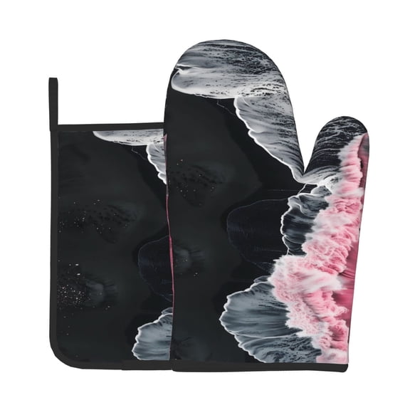 Vsdgher Pink White Ocean Waves Oven Mitts and Pot Holders 2 pcs Set,High Heat Resistant Kitchen Oven Glove for Baking and Cooking