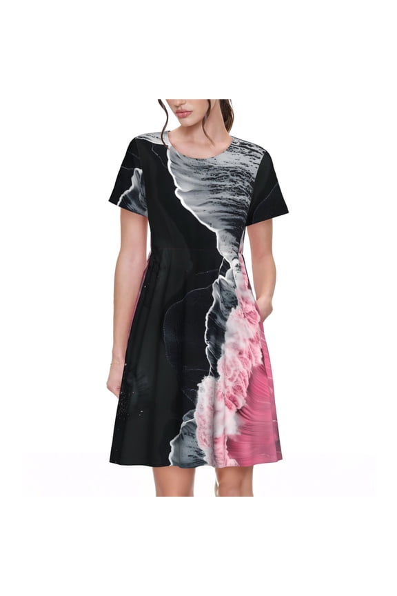 Pink White Ocean Waves for Womens Summer 2025 Casual Midi Maxi Dresses Lightweight Short Sleeve Round Neck Beach Dress -Medium