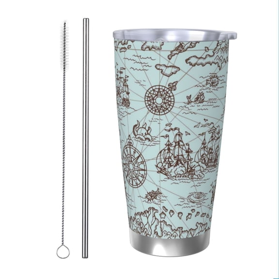 Vsdgher Pirate Adventure Map 20 Oz Stainless Steel Vacuum Insulated, Travel Mug Coffee Cup for Home, Office, Outdoor Works Great for Ice Drinks and Hot Beverage -Straw Two-piece Set